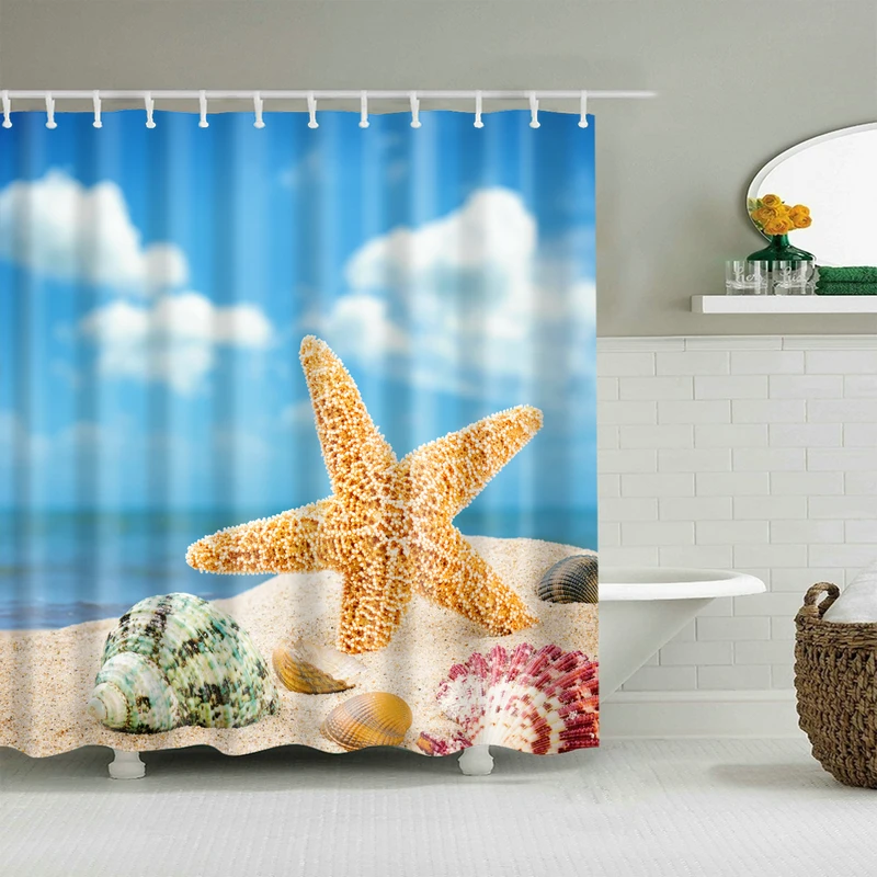 

Starfish and Blue sky Shower Curtain Set with 12 Hooks Natural Plants Bathroom Decoration Washable Polyester Fabric
