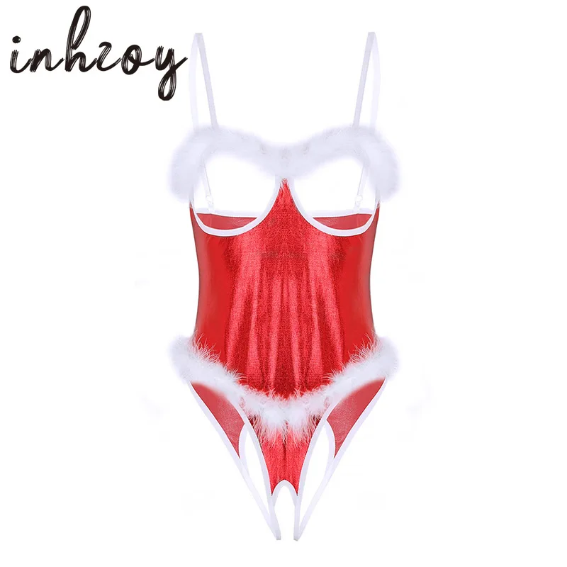 

Women Christmas Lingerie Feather Trim Open Cups Crotchless Teddy Bodysuit Sexy Dress Nightwear Xmas Rave Party Erotic Underwear