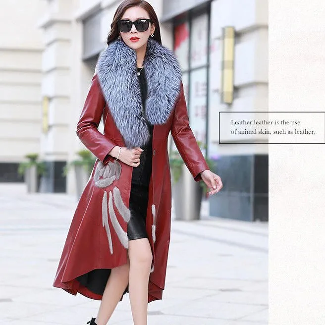 Leather Coat Female Autumn New European Sheep Skin Mink Fur Fox Hair Collar Haining Leather Windbreaker Slim V-Neck Outwear B13