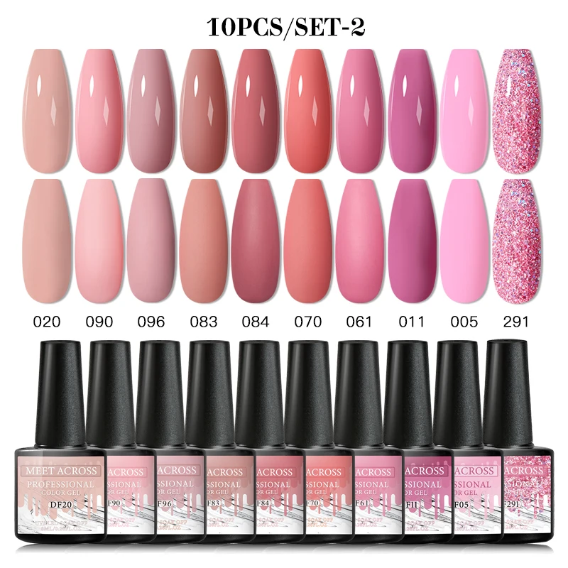 

MEET ACROSS Gel Nail Polish Set 10Pcs Soak Off UV Gel Varnishes All For Manicures Need Cured Base Top Coat Acrylic UV Nail Kit