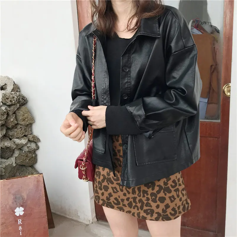 

Alien Kitty Black Cool PU Leather Locomotive Girl Autumn Elegant Chic Brief All-Match Office Lady Fashion Simple Short Coats
