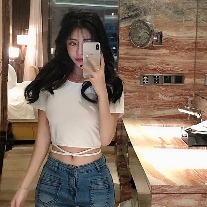 

2021 Summer High Waist Short Navel Strap T-Shirt Female Cross Halter Short Sleeve Crop Top Trend Spanish Women's Clothing