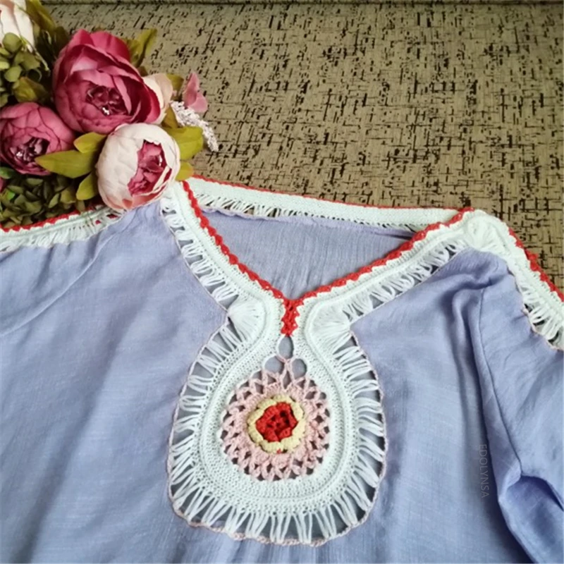 Женское летнее пляжное платье туника с глубоким V образным вырезом ажурное