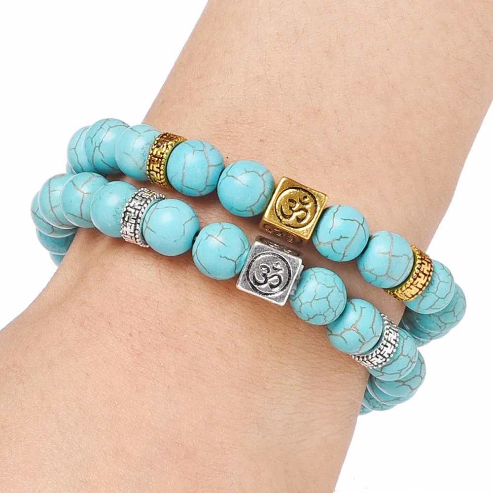 Голубые бусины Будды 8 мм браслет из бисера квадратного сплава с гравировкой