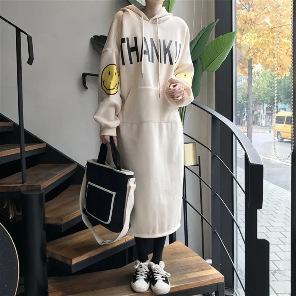 

Japan And South Korea Fashion Spring And Autumn Loose Coat Jacket Women White Smiley Face Hooded Lace-up Sweater Women Dress