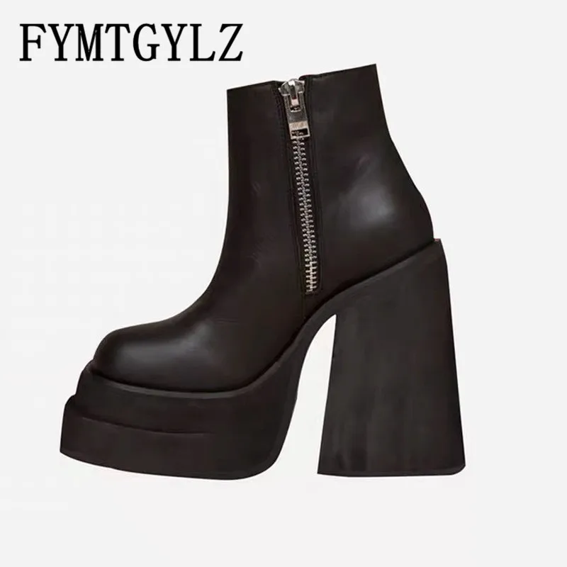 

European and American Fashion Round Toe Zipper Women's Ankle Boots Super High Thick Heel Womens Platform Heels Knight Boots