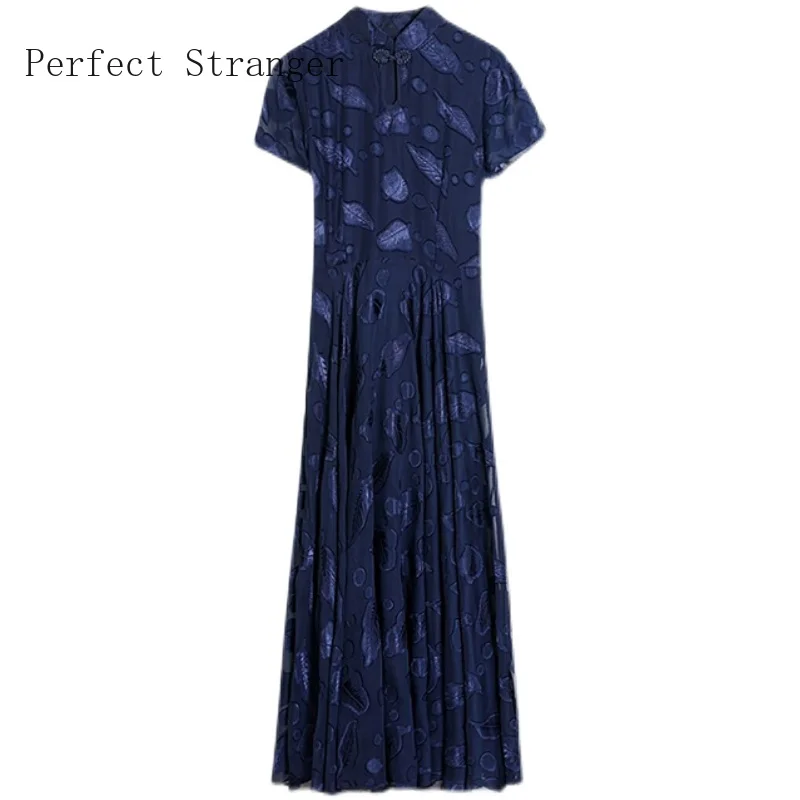 

High Quality 2021 Summer Dress For Women Stand Collar Floral Printed Short Sleeve Women Chiffon Long Dress Plus Size