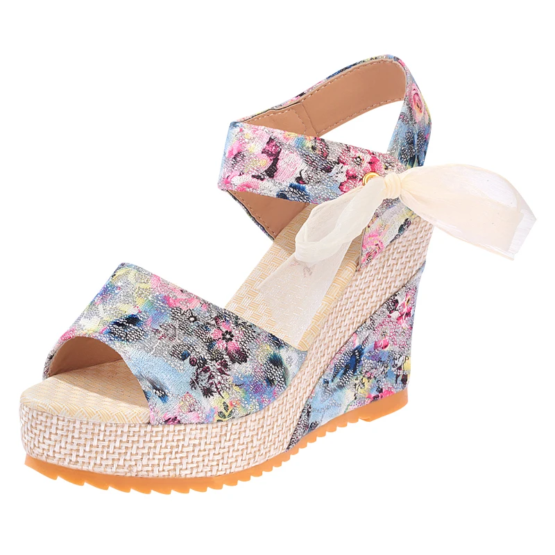 

Summer Beach Bohemian Floral Wedge Sandals Ladies Ankle Strap Platform Gladiator Shoes Ladies High Heel Sandals 2021