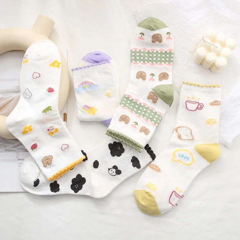 

Женские носки, Мультяшные женские носки, радужные с принтом хлеба и сердца, Женские повседневные хлопковые носки для девушек, модные милые н...