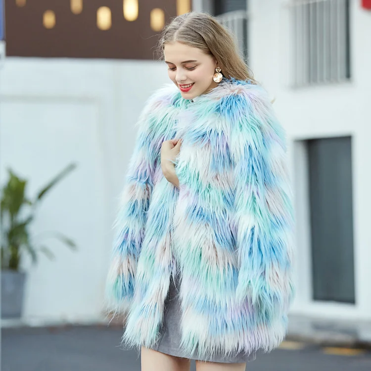 

Женское зимнее плюшевое пальто Taobao, синее пальто средней длины с имитацией меха мороженого, макарон