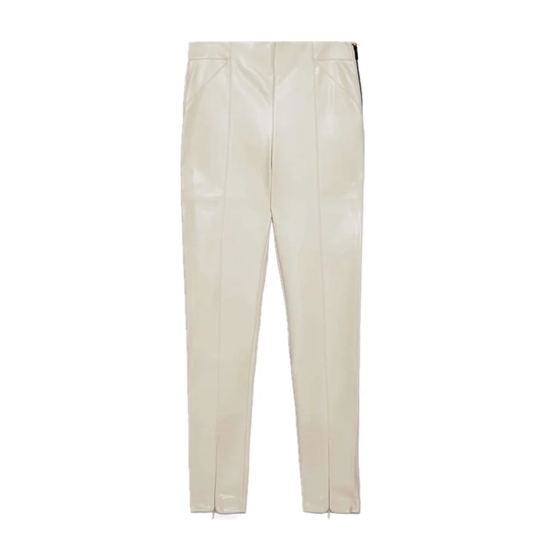 

Zoulv Women Solid Zipper High Waist Boycon Trousers Female Pantalon Femme 2021 Autumn Sexy Skinny PU Faux Leather Pencil Pants