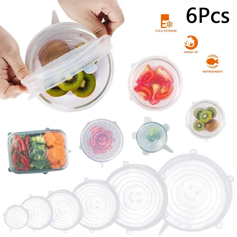 Универсальные крышки для пищевых продуктов 6 шт. многоразовые кухонной