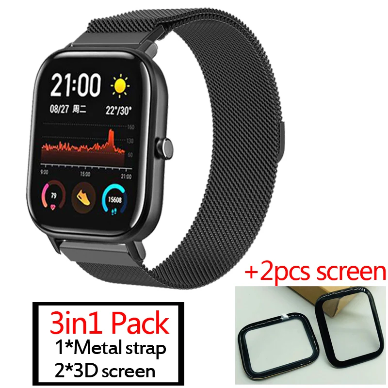 3в1 пакет ремень для Xiaomi Huami Amazfit GTS ремешок Смарт-часы ремешок Миланский Браслет из нержавеющей стали+ 2 шт 3D защита экрана