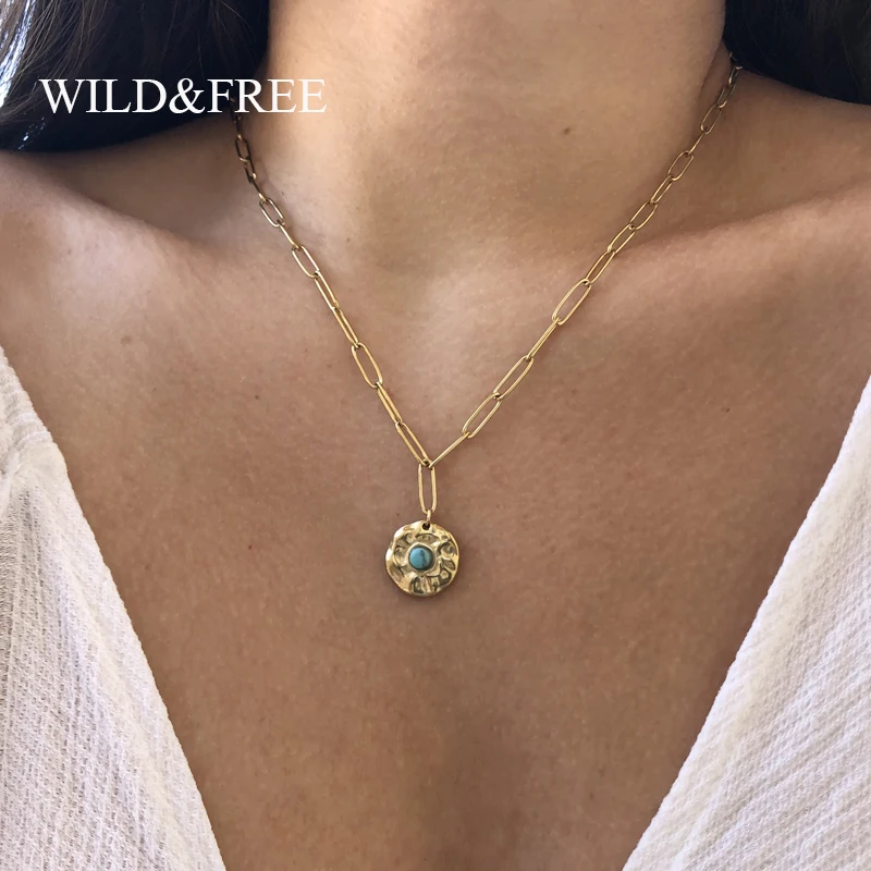 Wild & Free панк звено цепи ожерелье с подвеской для женщин в богемном стиле круглые