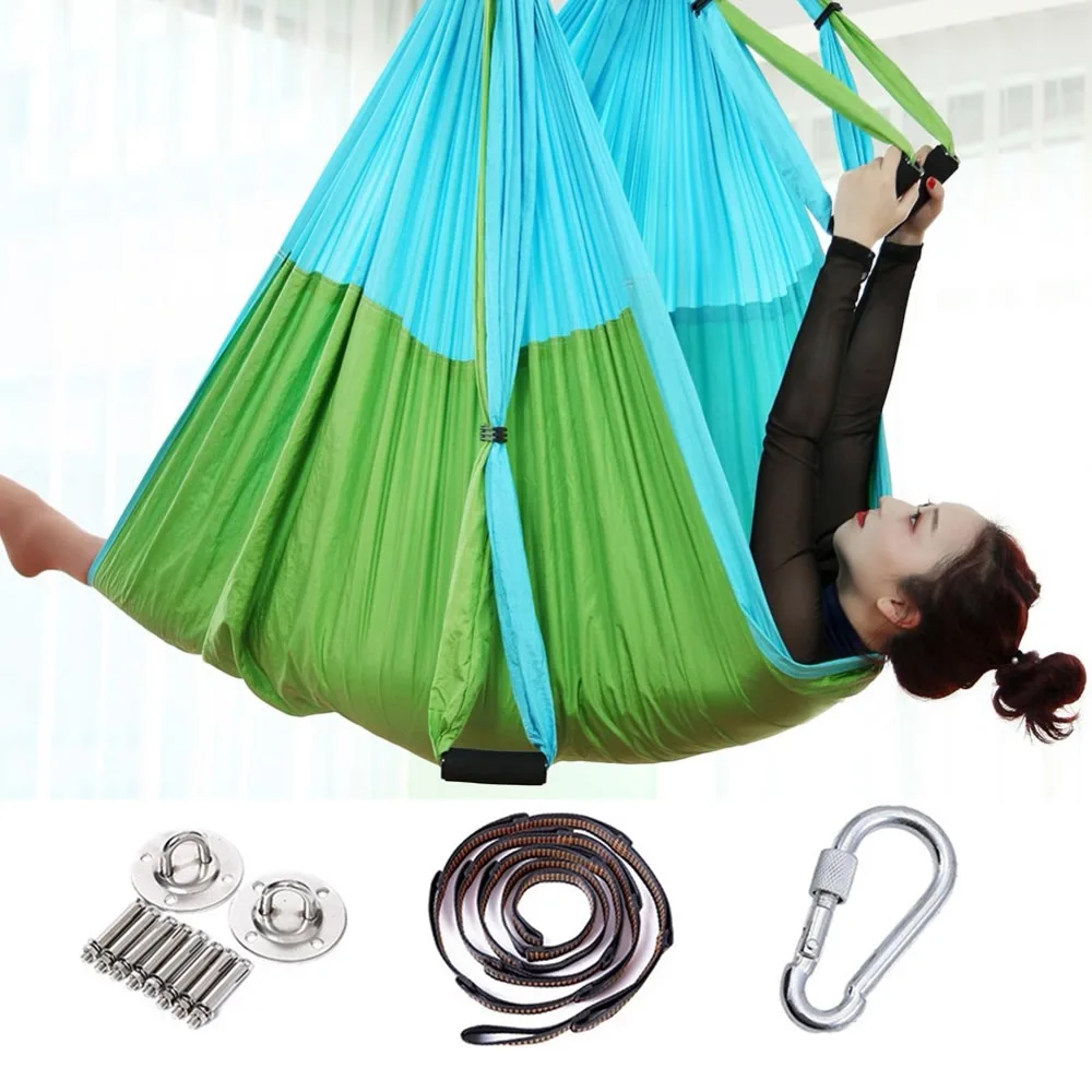 Sky blue with Green Полный набор, 2,5*1,5 м, Воздушный Гамак для йоги, антигравитационный Нейлоновый, летающий, Свинг, Пилатес, для дома, спортзала, подвесной ремень, потолочные пластины - Цвет: Sky blue with Green