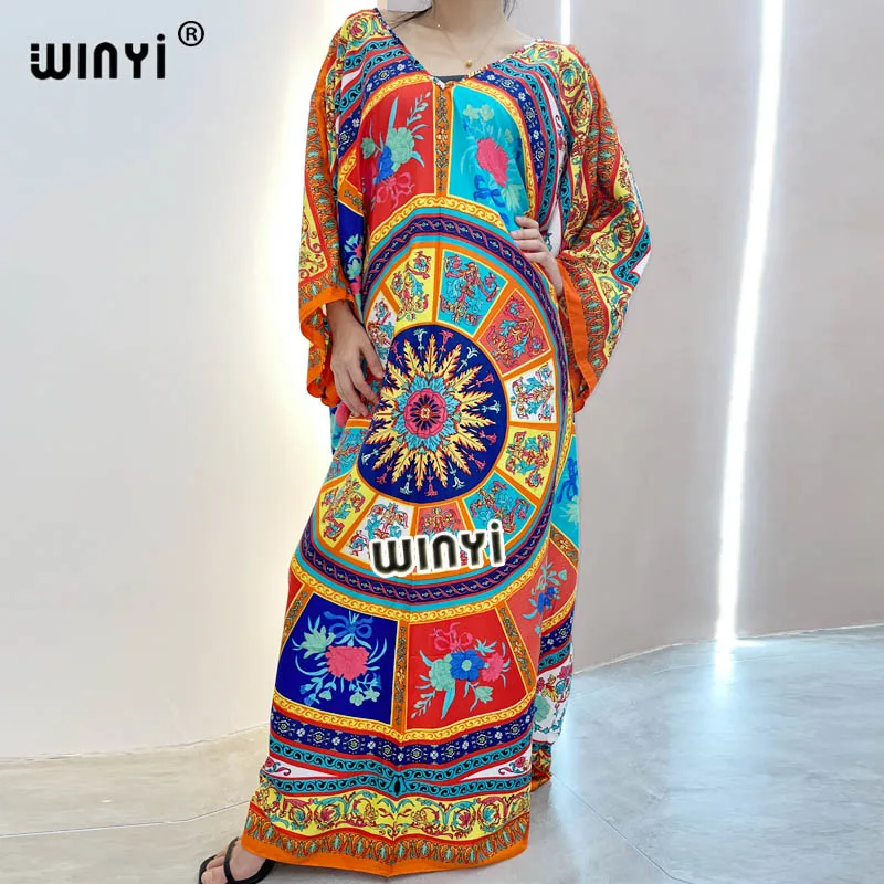 

WINYI 2021 Long Length Dress Women sukienka Print Vacation Bohemian Batwing slash Collar Over Size Elegant New Fashion Tide