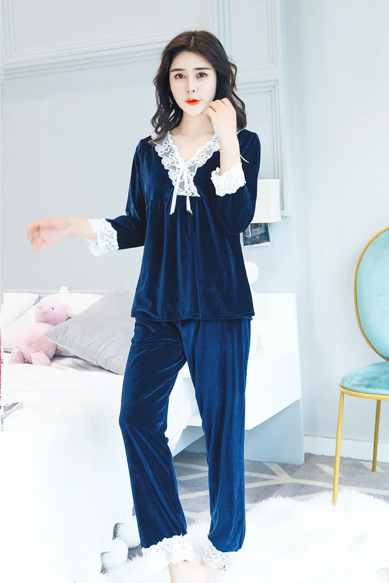 

Blue Lace Trim 2PCS Velour Pajamas Set Women Sexy Shirt &Pant Sleep Suit Lingerie Sleepwear Nightwear Autumn New Home Wear