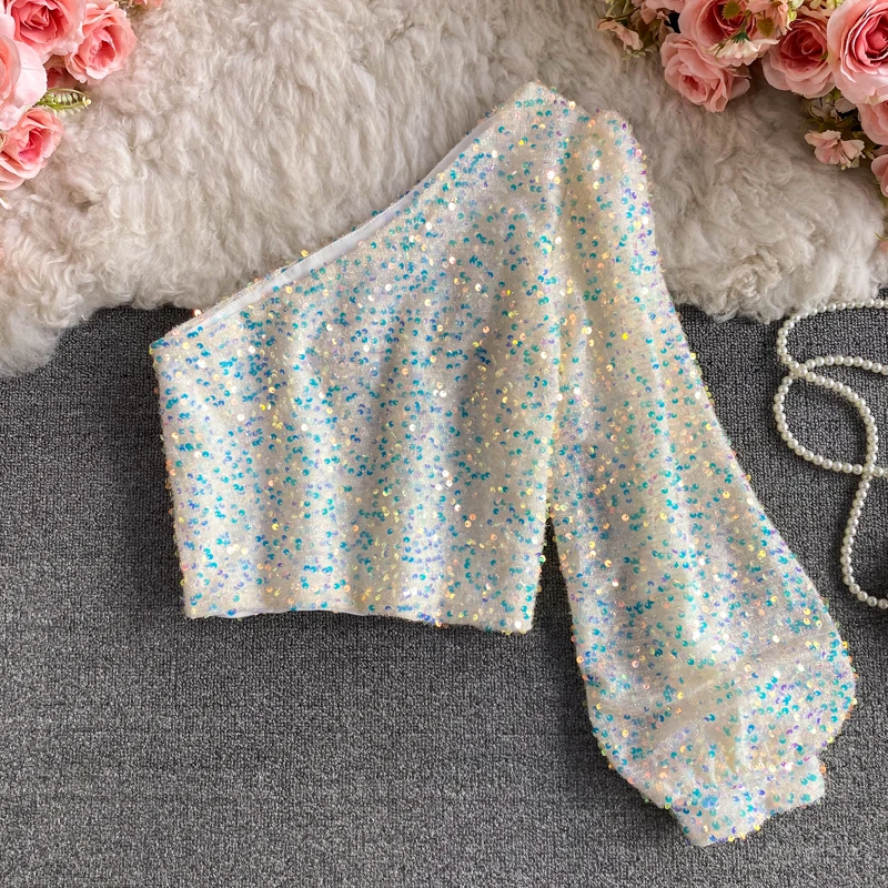 Дизайнерские односторонние приталенные топы с открытыми плечами и пышными