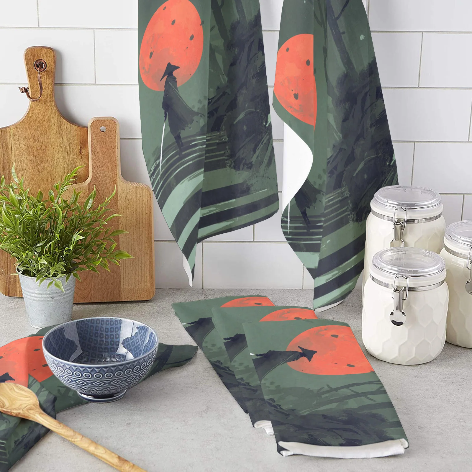 

Самурайский лес, красная луна, кухонное полотенце из микрофибры, посуда, ткань, столовая посуда, полотенце, посуда для кухни