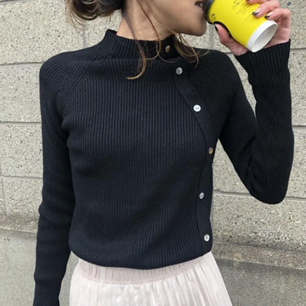 

Women Casual Long Sleeve Autumn Knitted Sweater Pullover Sweaters Korean Style Winter Slim Black Button Pull Knitwear New