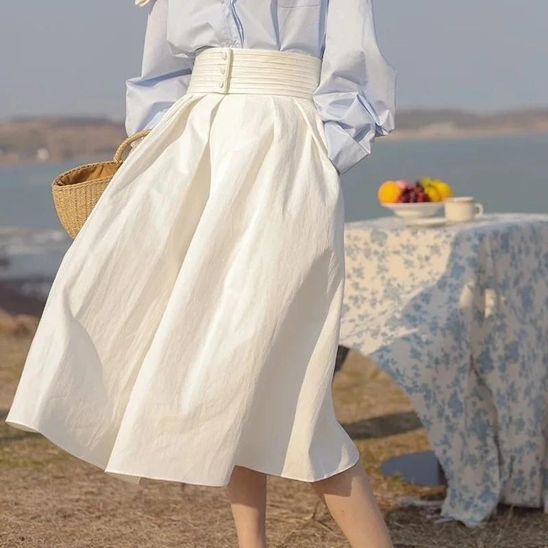 

HOUZHOU Vintage Pleated Long Skirt Women Three Buttons High Waist Elegant Temperament A-line Midi Tutu Skirt Summer Fashion