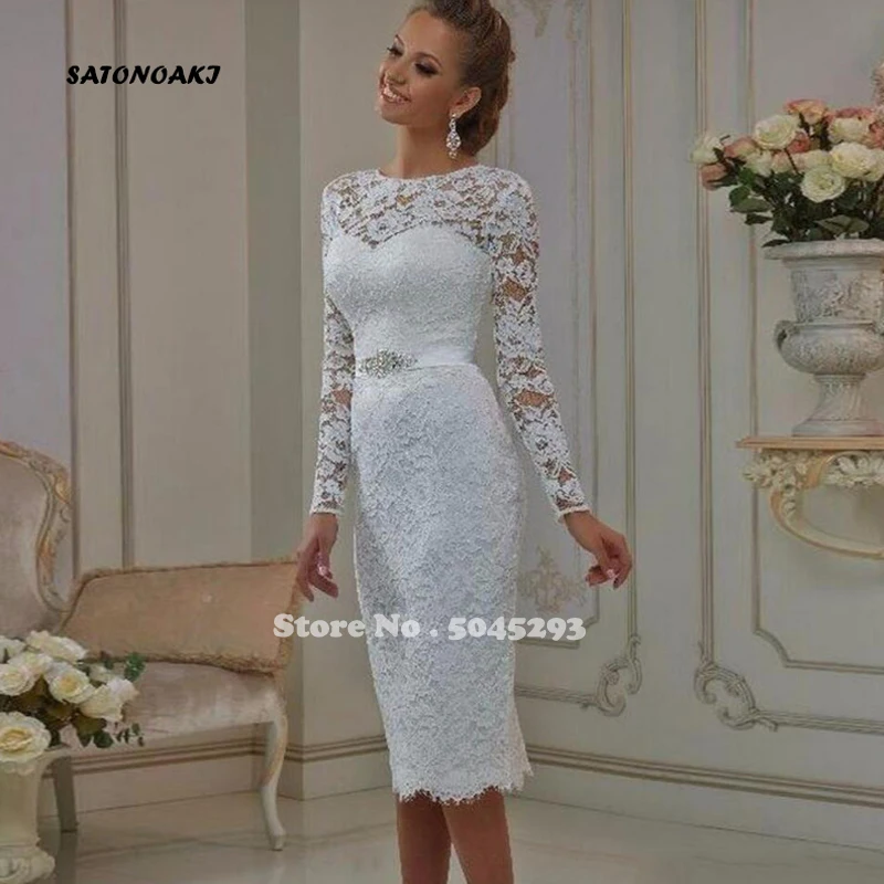 SATONOAKI винтажные кружевные короткие свадебные платья длиной до середины икры с длинными рукавами vestido de noiva, облегающий вырез, свадебные платья