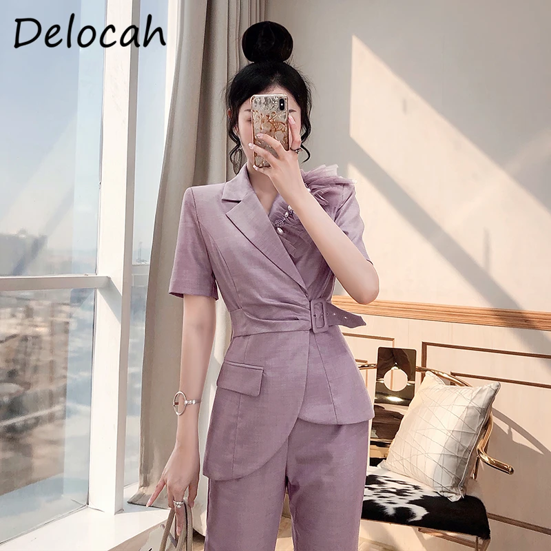 

Delocah New 2021 Summer Women Fashion Runway Pants Set Short Sleeve Patchwork Tops + High Waist Solid Long Pants Two Pieces Suit