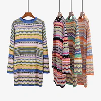 autumn sweater knitted women fashion multi colored hollow pullover sweater dress loose casual mid long style sweater dress