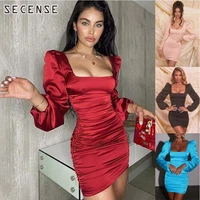 dresses square collar neck bodycon backless ruffled bandage mini dress long lantern sleeves pleated sexy party bodycon dress