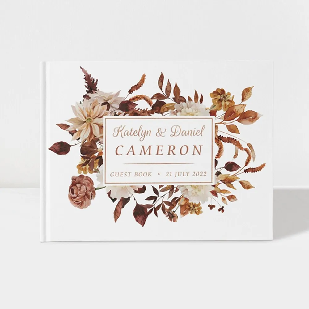 

Индивидуальная Гостевая книга для свадьбы, коллекция осенних, сгоревших, оранжевых и розовых золотых, 100 страниц, закладки, доступны цвета для невесты