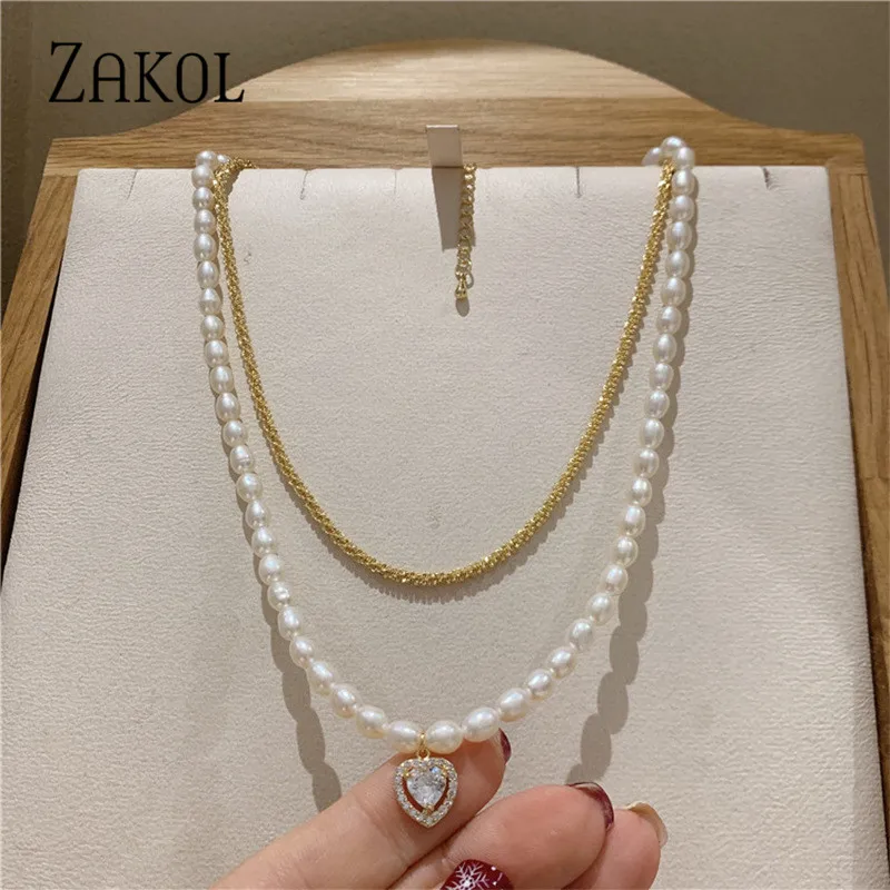 

ZAKOL New Design Korean Retro Geometric Natural Pearl Necklaces Temperament Metal Chain Choker for Cool Girls Party Jewelry