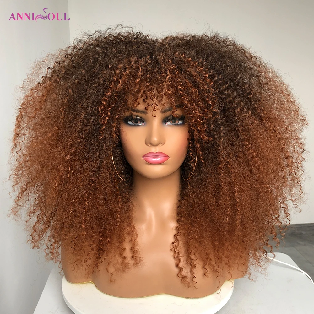 

Short Hair Afro Kinky Curly Wigs With Bangs For Black Women African Synthetic Ombre Brown Blonde Cosplay Natural Glueless Wig