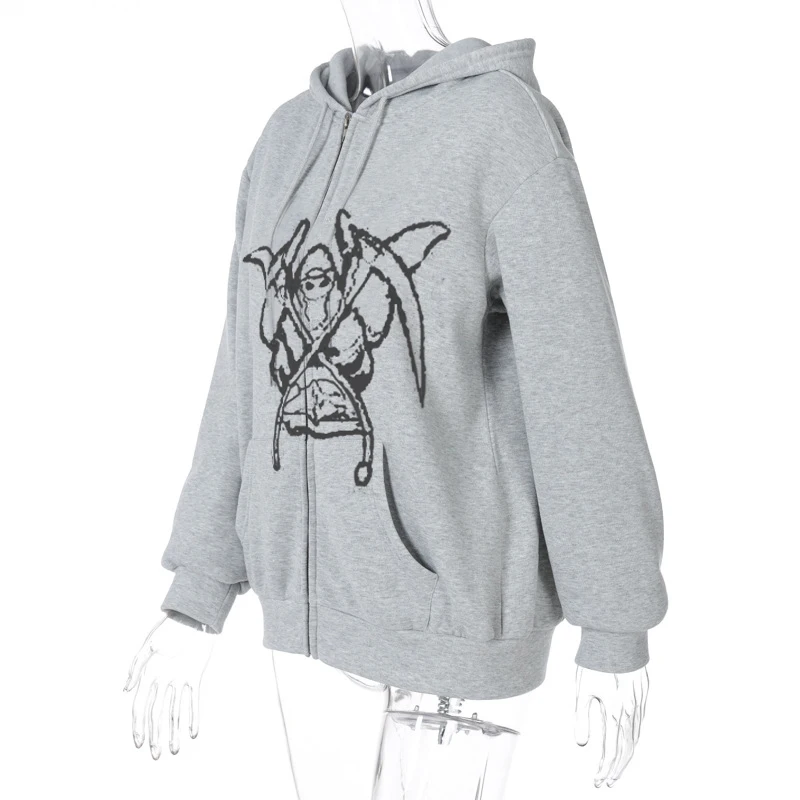 

2021 New Y2K style of Female Coat Portrait Print Long Hooded Tops with Zipper and Pockets for Spring Fall Brown S/M/L