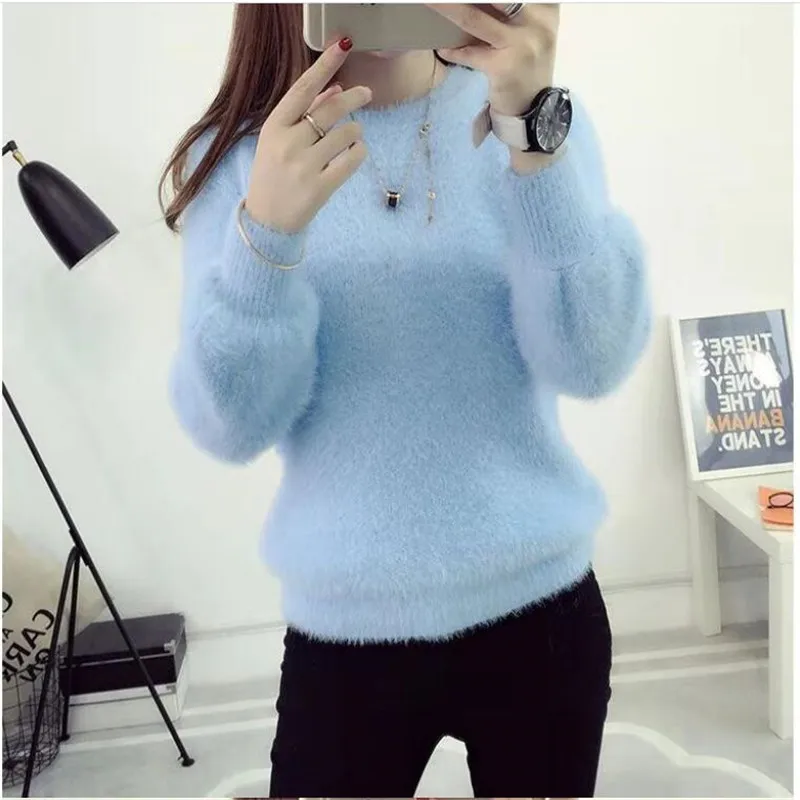 

Women's Sweater Fall Winter Warm Thick Round Neck Knited Xmas Sueter Pullover Sweaters Sheer Color Pink White Black Red
