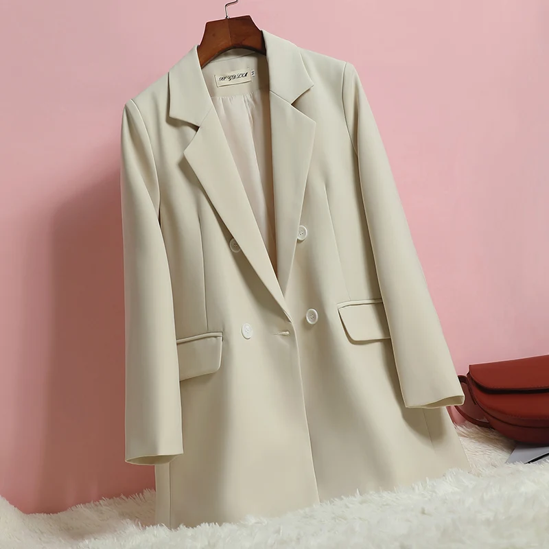 High-end Women's Jacket Loose Mid-length Small Suit Female Casual Long Sleeve Ladies Blazer Double Breasted Office Coat