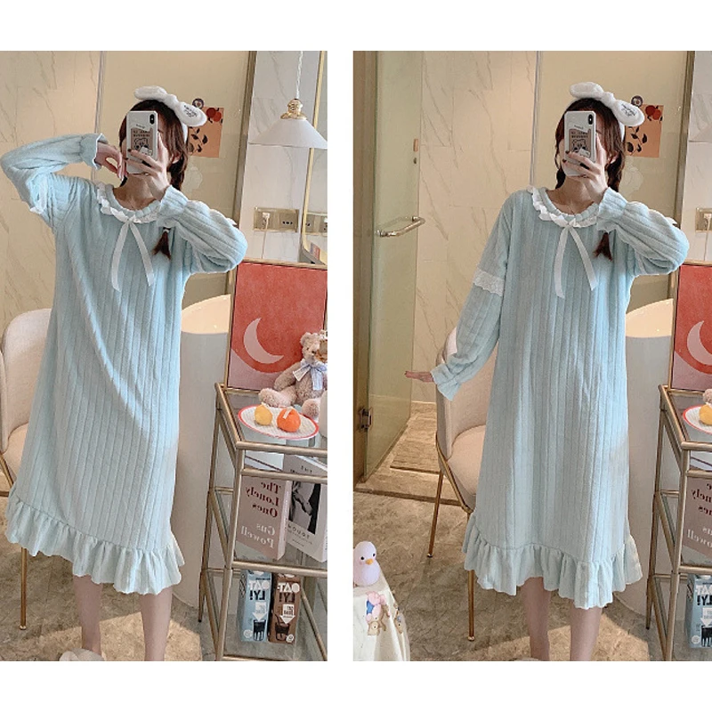 

SLPBELY Winter Sweet Coral Velvet Women's Nightgown Long Sleeve Lace Trim Sleepshirts Nightdress Lovely Girls Sleepwear Homewear