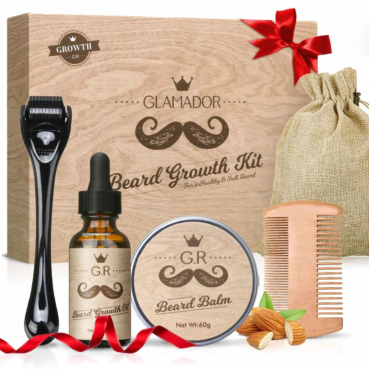 

5 in 1 Beard Growth Kit Activator Serum Beard Roller Balm Comb Hair Re-Activating Men Beard Care Gift