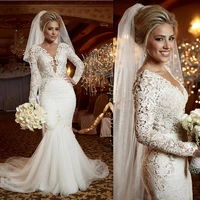 2019 wedding dresses mermaid style lace luxury pearls trumpet wedding gowns garden bridal gown long sleeves deep v neck