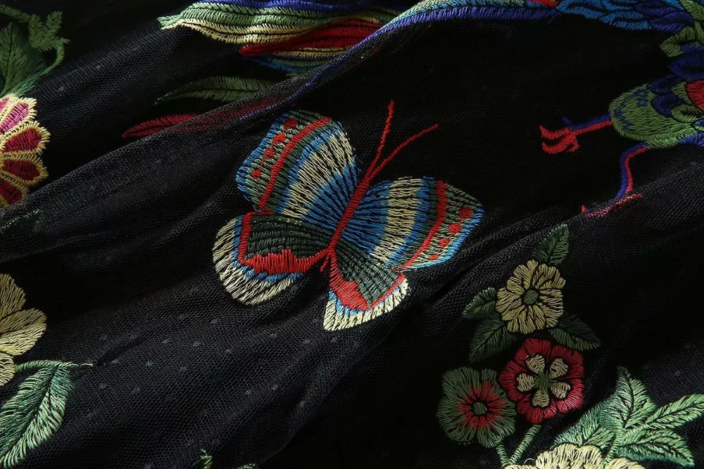 LD LINDA Делла, Осеннее модное винтажное платье, женское черное Сетчатое платье с поясом, Цветочная вышивка, длинное платье, вечерние платья