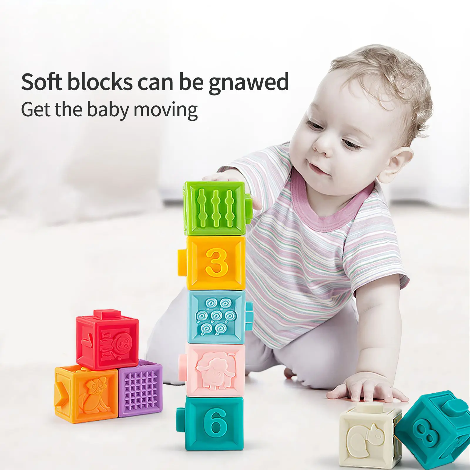 

Teething Chewing Toys 0-3 Years Baby Stacking Blocks Baby Bath Toys Rubber Blocks Educational Soft Squeeze Cognitive Ability Toy