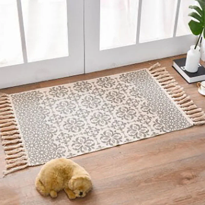 

Home Carpet Cotton Tassel Non-Slip Floor Mat Retro Bohemian Carpet With Tassel Entrance Doormat Soft Bedroom Bedside Rugs