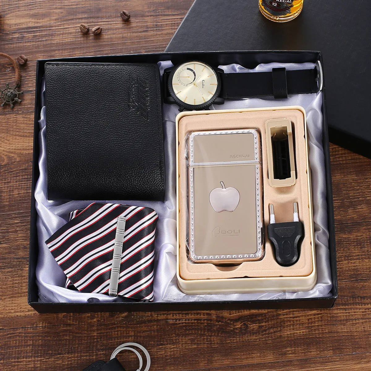 

2021 модный креативный чехол-кошелек + галстук + кварцевые часы + Перезаряжаемая бритва