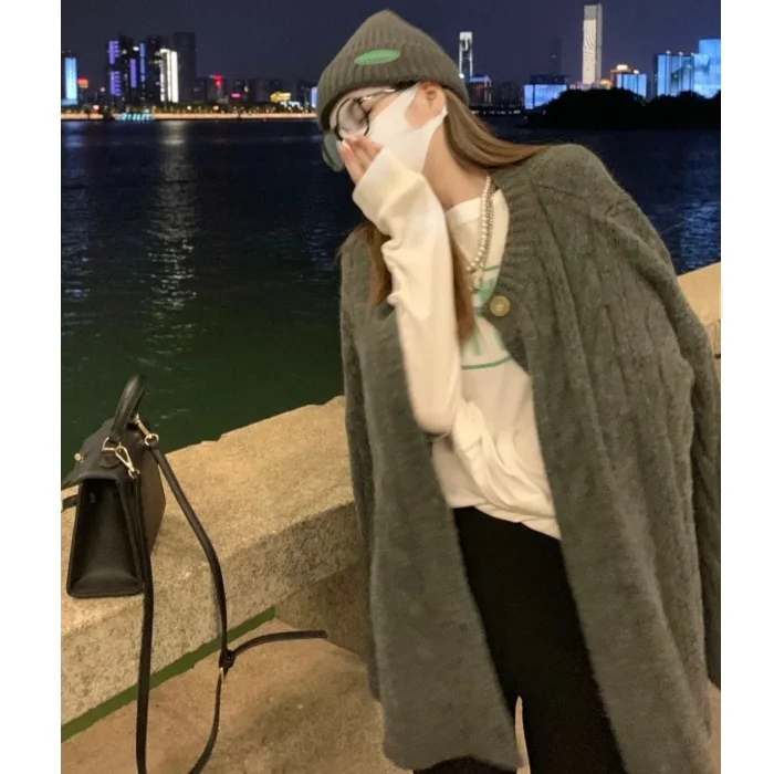 

2021 Autumn New Solid Color Mid-length Cardigan Sweater Women's Korean Outerwear Loose and Idle Western Style Knitted Top Kio