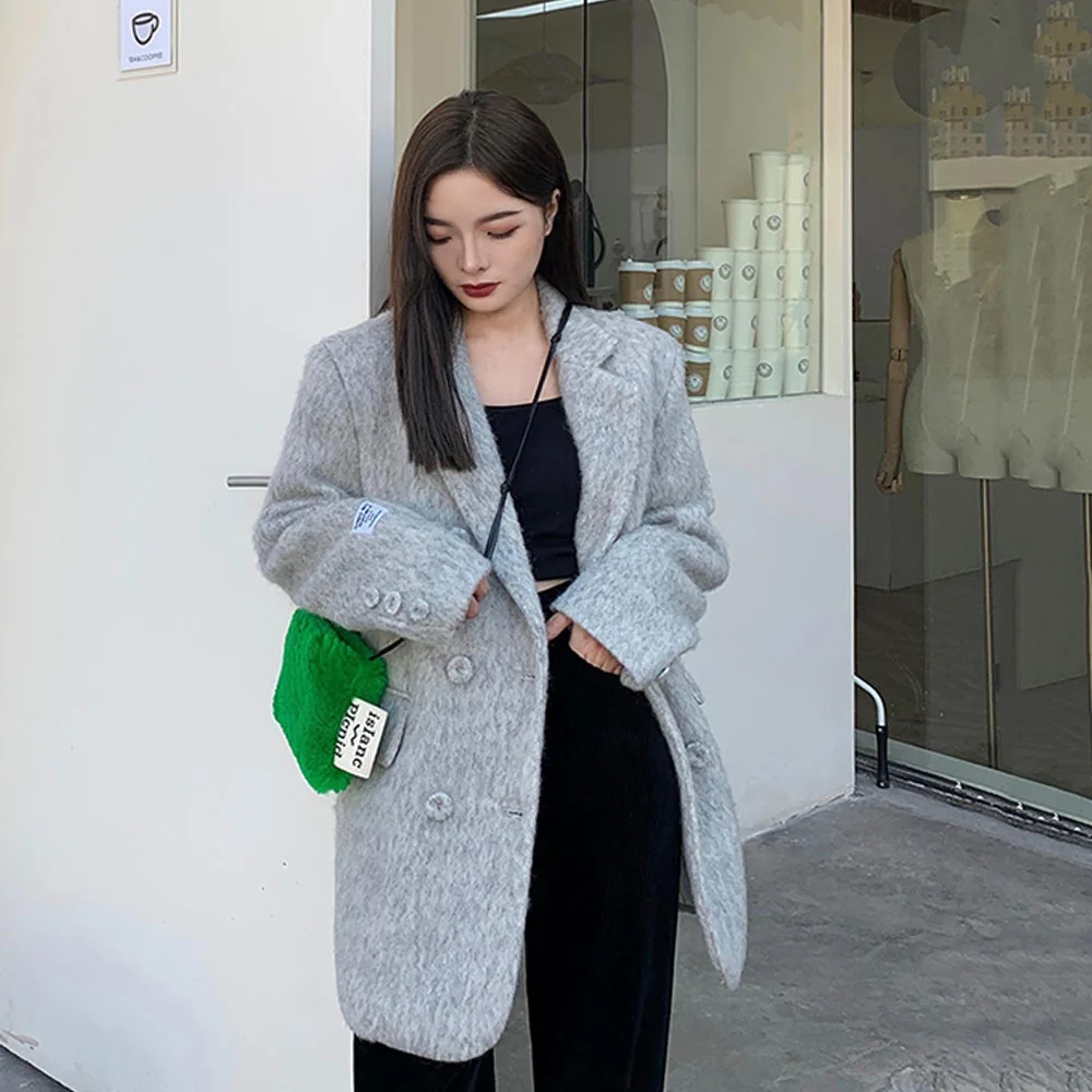 

Осень-зима 2021, новинка, корейский Повседневный женский шерстяной костюм средней длины, куртка, деловое Свободное пальто из искусственной ше...