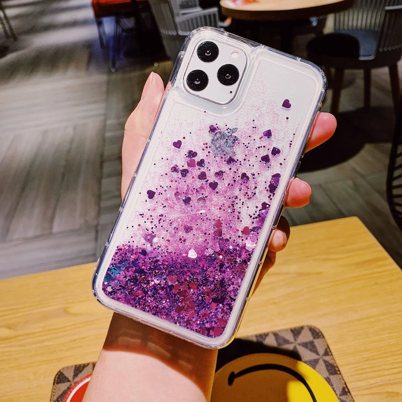 Purple Прозрачный мягкий чехол из ТПУ с блестящими сердечками и звездами чехол для iPhone 5 5S SE 6 6s 7 8 Plus 10 X XS XR 11 Pro Max Liquid Quicksand - Цвет: Purple