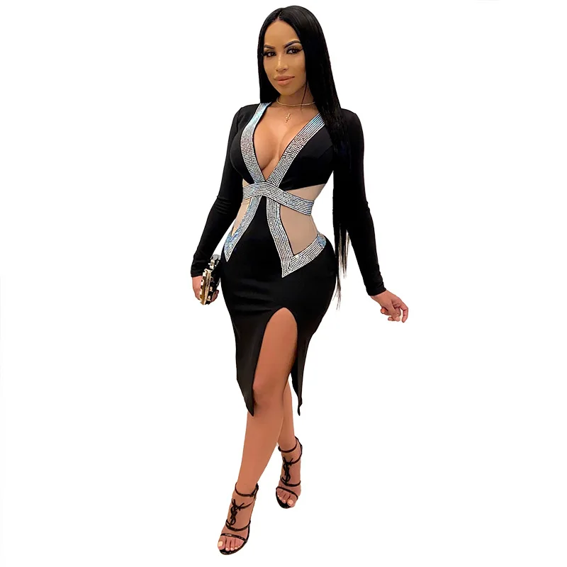 

Women Sexy V-Neck Evening Party Dress Sequined Hollow out Bodycon Dress Lady Fashion Long Sleeves Formal Dress Plus Size S-4XL