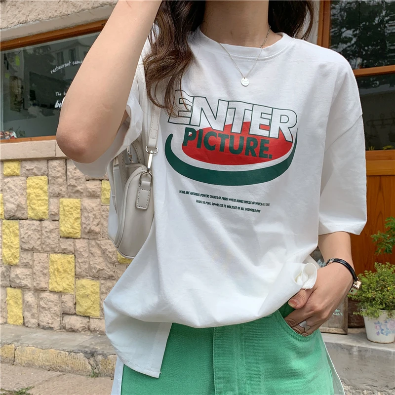 

Short-Sleeved T-shirt women New style split top loose Casual student female fashion wild print Mid-length Blouse