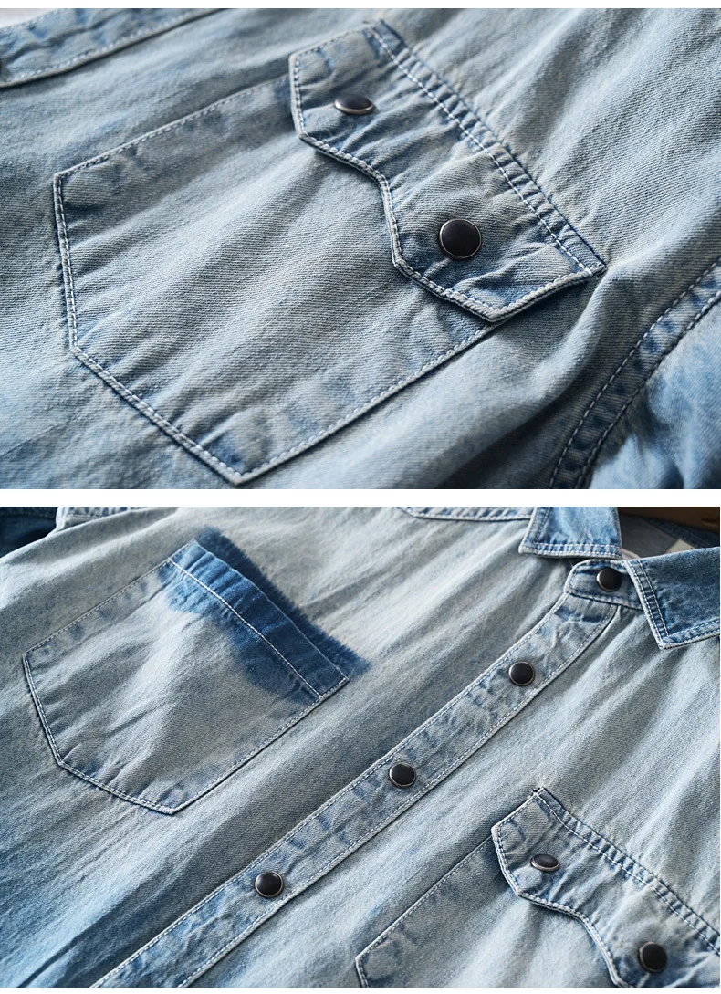 Винтажные модные длинные джинсовые мужские рубашки из чистого хлопка с рукавами