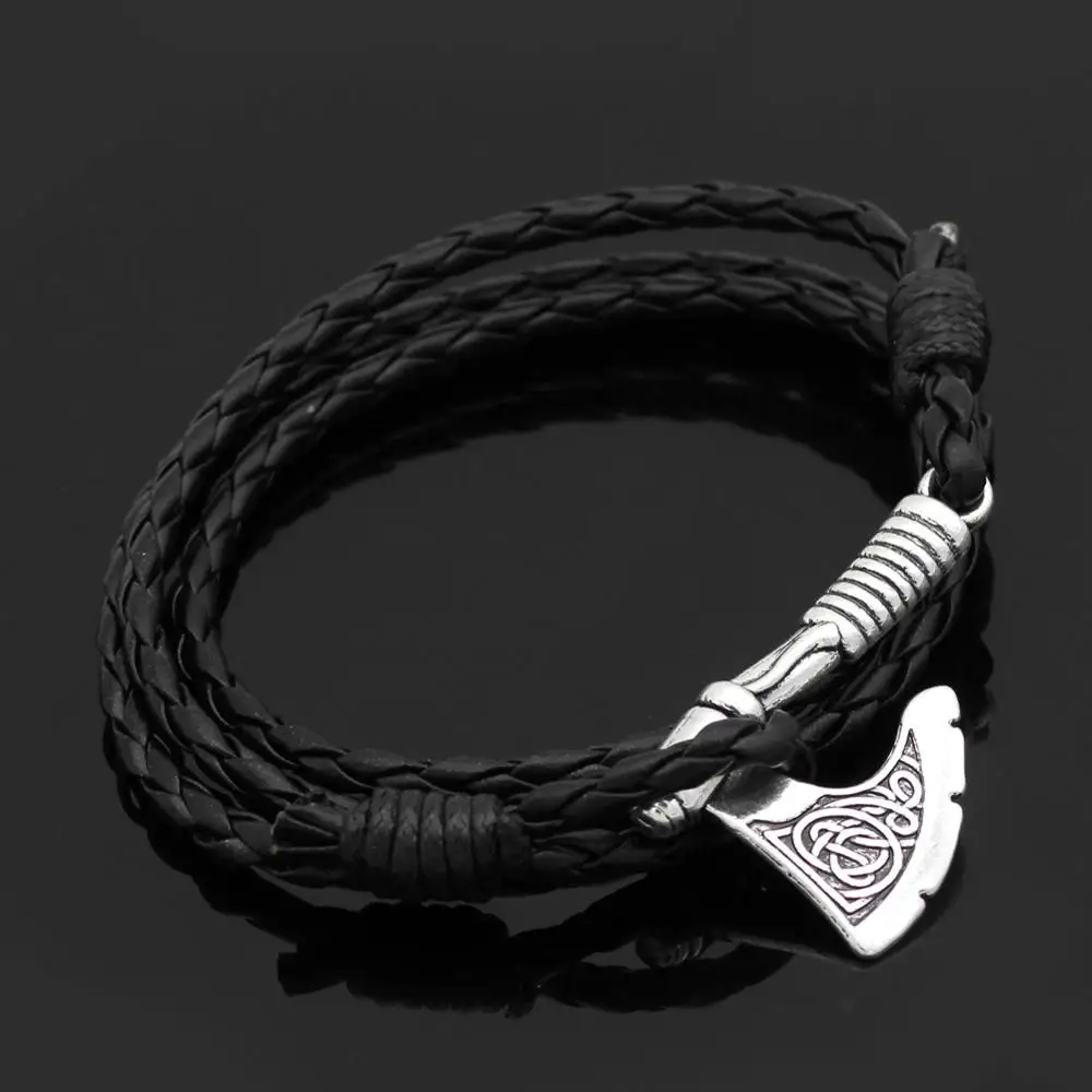 

Mens Axe Viking Bracelet Irish Knot Hatchet Handmade Braided Multilayer Leather Pirate Bracelet For Male Hand Jewelry