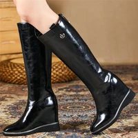 women genuine leather wedges high heel knee high motorcycle boots female winter warm square toe platform pumps shoe casual shoes